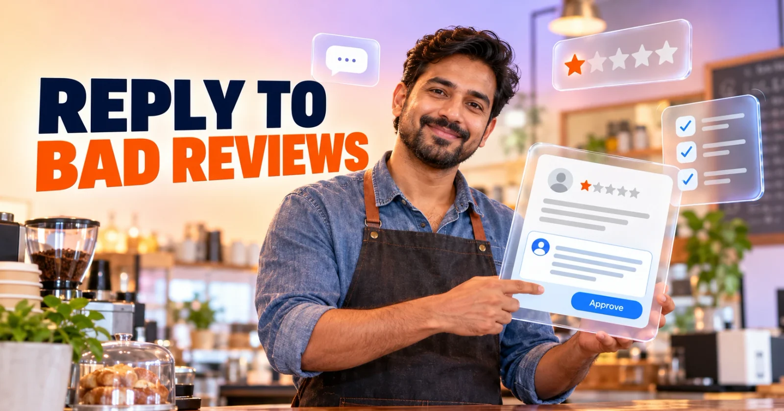 Illustration of a cafe owner holding a tablet showing a Google review reply being approved.